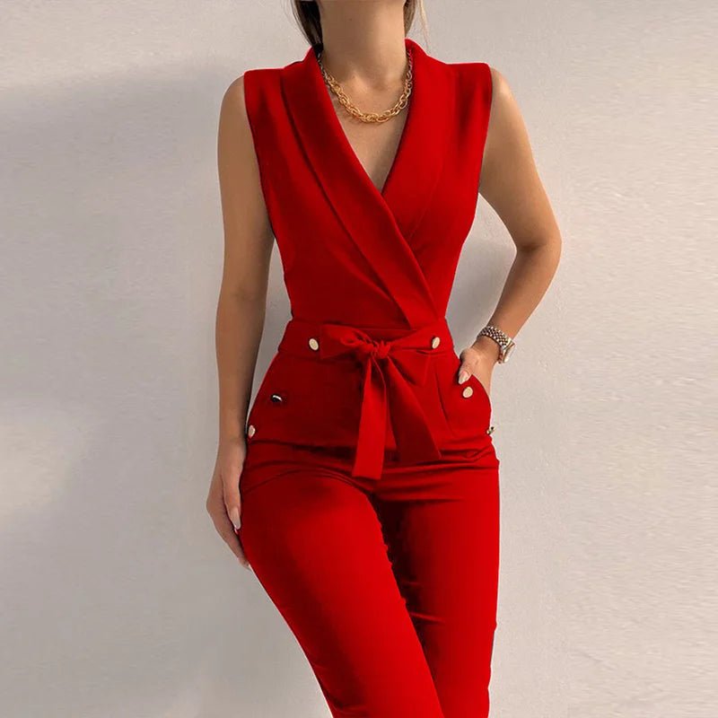 New Solid Casual Women Summer Jumpsuits V - Neck Lace - Up Sleeveless Wide Leg Pants Button Ladies Bodysuits Streetwear Dropshipping - SN Wigs & More