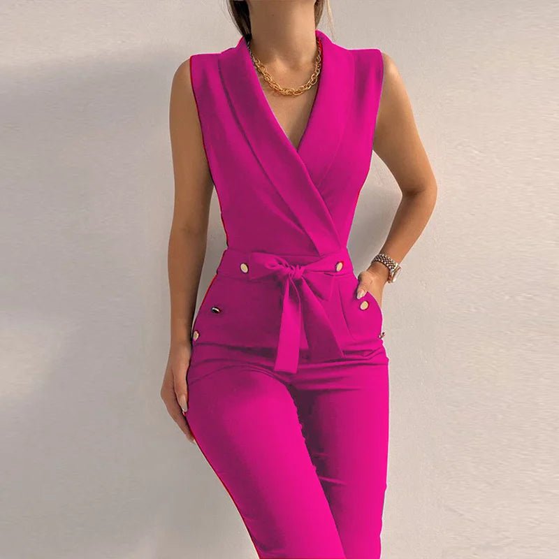 New Solid Casual Women Summer Jumpsuits V - Neck Lace - Up Sleeveless Wide Leg Pants Button Ladies Bodysuits Streetwear Dropshipping - SN Wigs & More