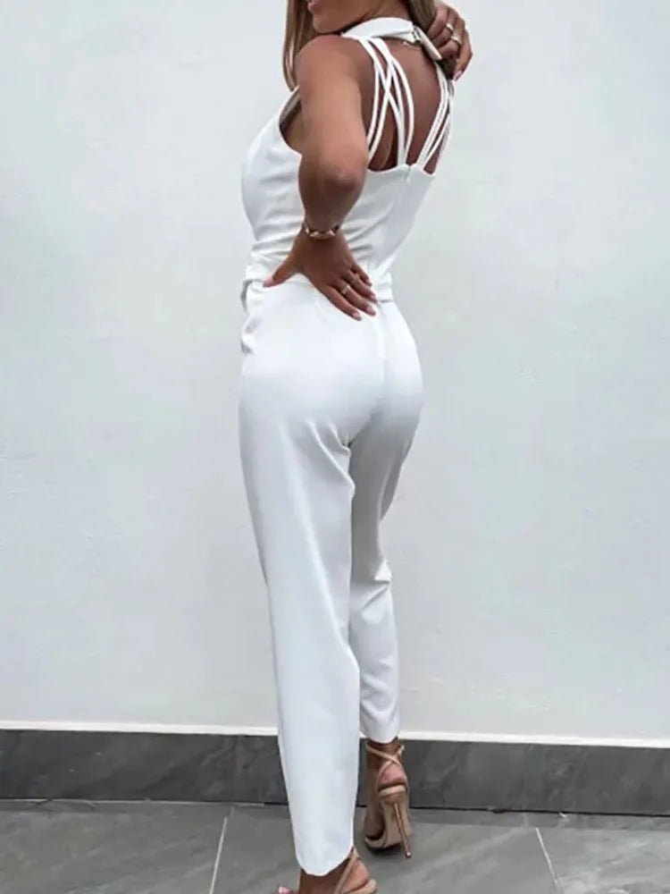 New Solid Casual Women Summer Jumpsuits V - Neck Lace - Up Sleeveless Wide Leg Pants Button Ladies Bodysuits Streetwear Dropshipping - SN Wigs & More