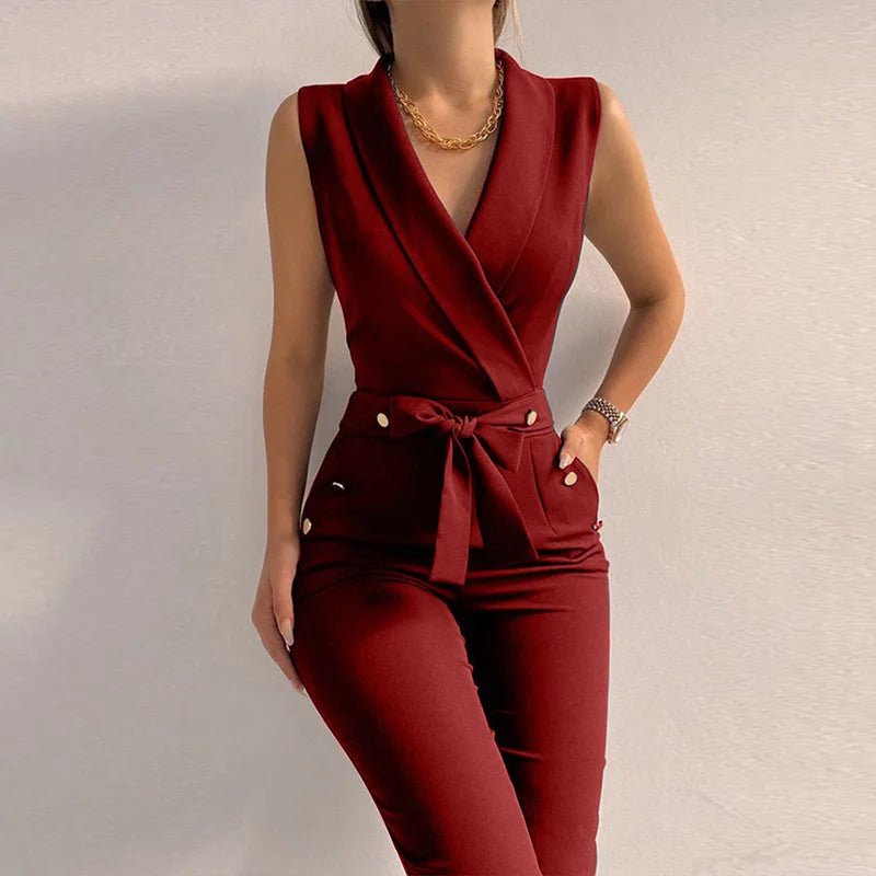 New Solid Casual Women Summer Jumpsuits V - Neck Lace - Up Sleeveless Wide Leg Pants Button Ladies Bodysuits Streetwear Dropshipping - SN Wigs & More
