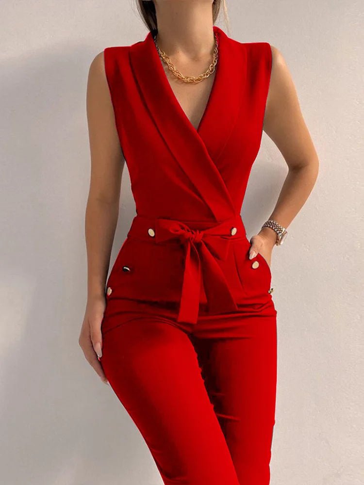 New Solid Casual Women Summer Jumpsuits V - Neck Lace - Up Sleeveless Wide Leg Pants Button Ladies Bodysuits Streetwear Dropshipping - SN Wigs & More