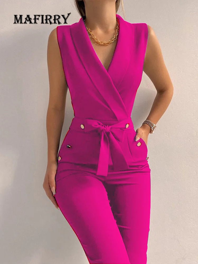 New Solid Casual Women Summer Jumpsuits V - Neck Lace - Up Sleeveless Wide Leg Pants Button Ladies Bodysuits Streetwear Dropshipping - SN Wigs & More