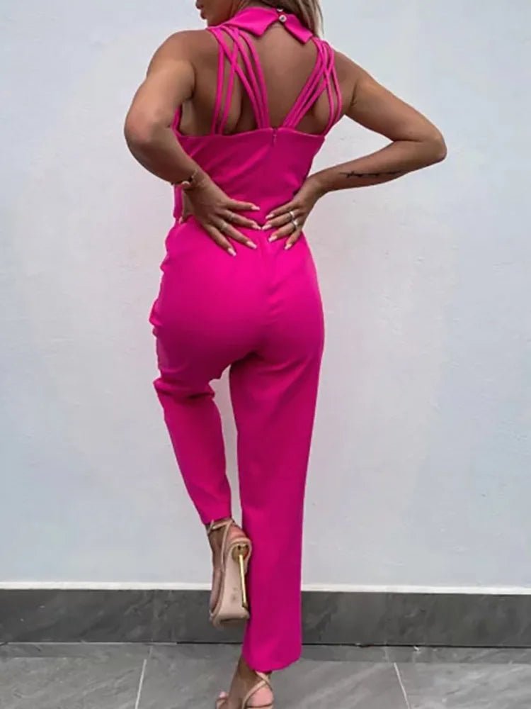 New Solid Casual Women Summer Jumpsuits V - Neck Lace - Up Sleeveless Wide Leg Pants Button Ladies Bodysuits Streetwear Dropshipping - SN Wigs & More