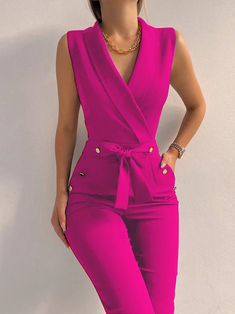 New Solid Casual Women Summer Jumpsuits V - Neck Lace - Up Sleeveless Wide Leg Pants Button Ladies Bodysuits Streetwear Dropshipping - SN Wigs & More