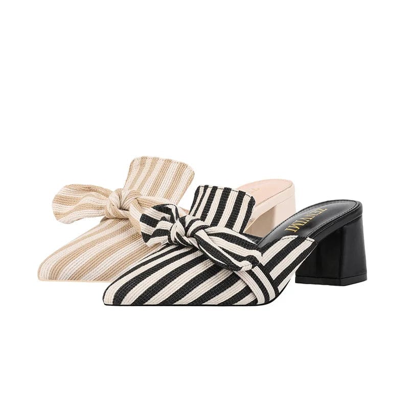 New Spring Women Pointed-toe Bowknot Stripe Block Heel Sandal