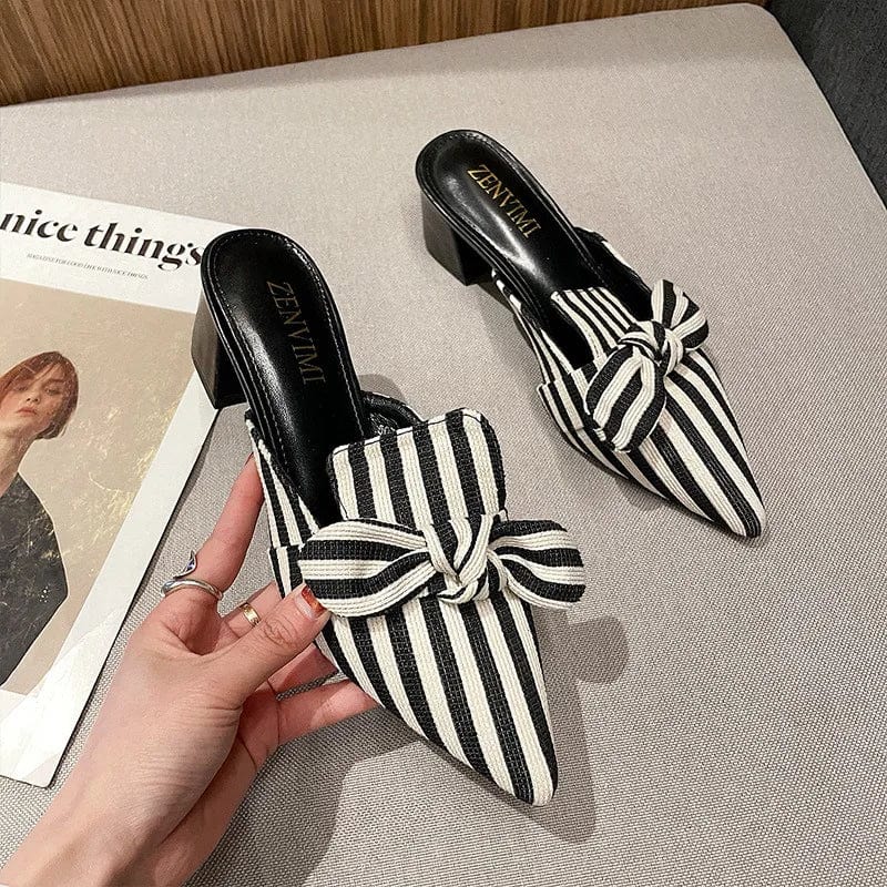 New Spring Women Pointed-toe Bowknot Stripe Block Heel Sandal