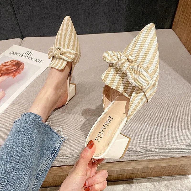 New Spring Women Pointed-toe Bowknot Stripe Block Heel Sandal