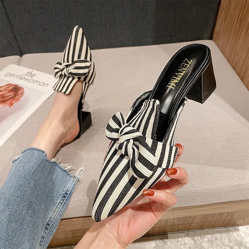New Spring Women Pointed-toe Bowknot Stripe Block Heel Sandal