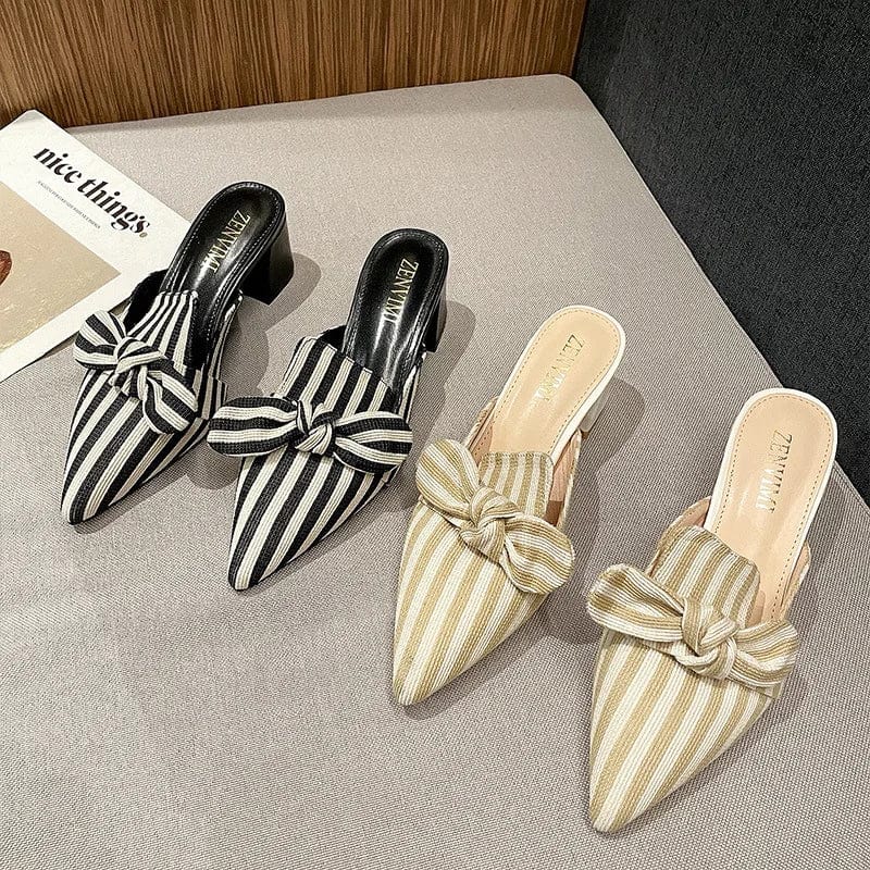 New Spring Women Pointed-toe Bowknot Stripe Block Heel Sandal