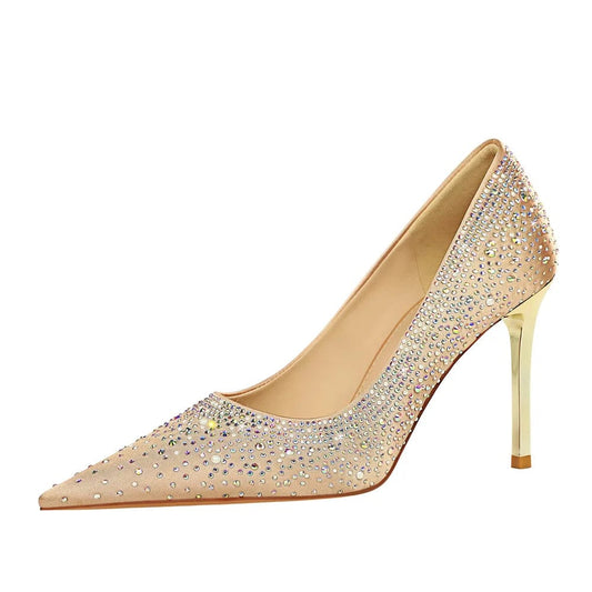 New Spring Women Pumps Luxury Shiny Rhinestone Decor Silk Satin Shoes Pointed-toe Shallow Thin Heeled Pumps Ladies Banquet Shoes