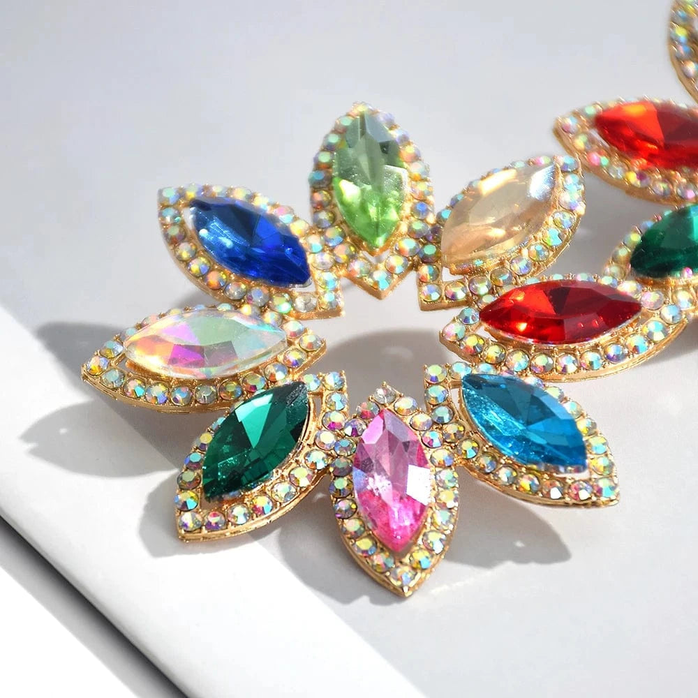 New Style Classical Flower Colorful Glass Stone Drop Earrings For Women Girls Crystal Accessories Statement Jewelry Wholesale