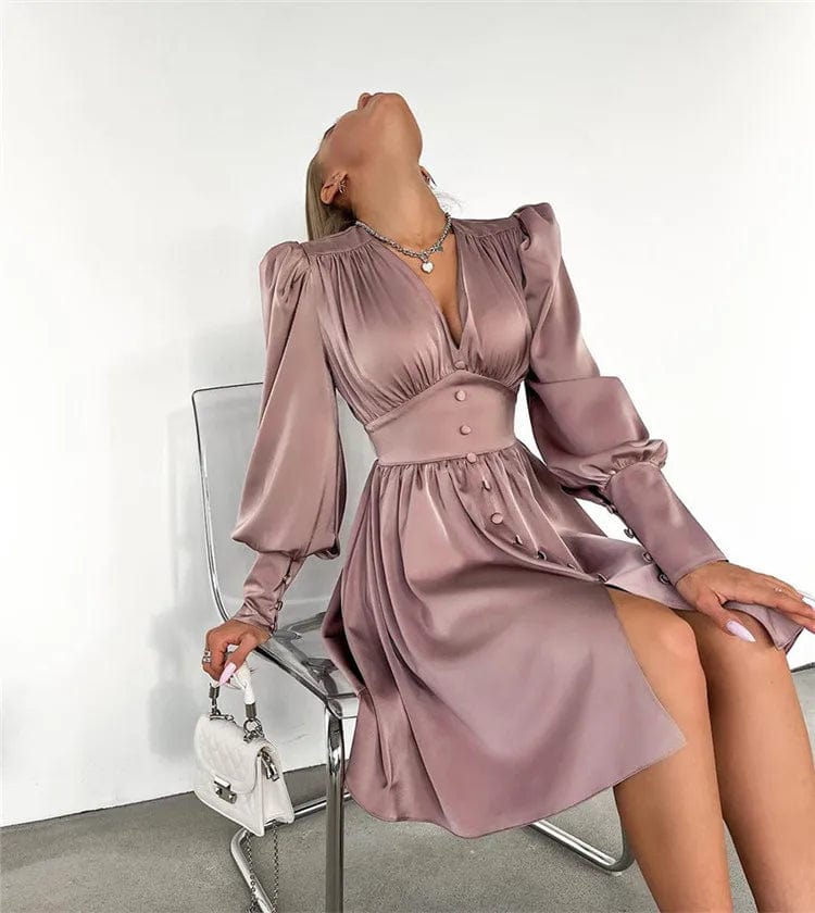 New style elegant solid summer spring women puff long sleeve v neck short style tunic dress