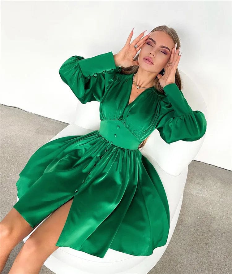 New style elegant solid summer spring women puff long sleeve v neck short style tunic dress