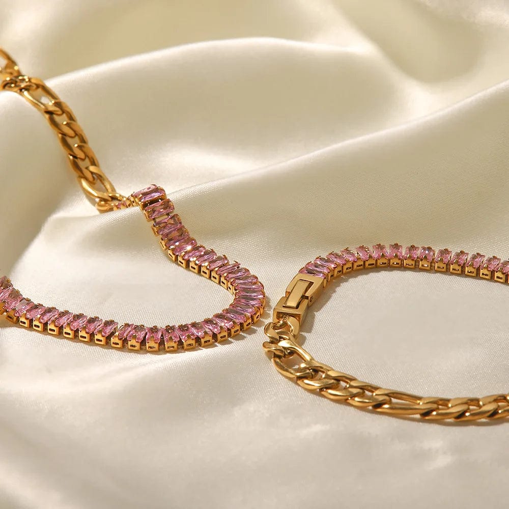 New Style Stainless Steel 18K Gold Plated Jewelry Pink Full Cubic Zirconia Figaro Chian Bracelet Necklace