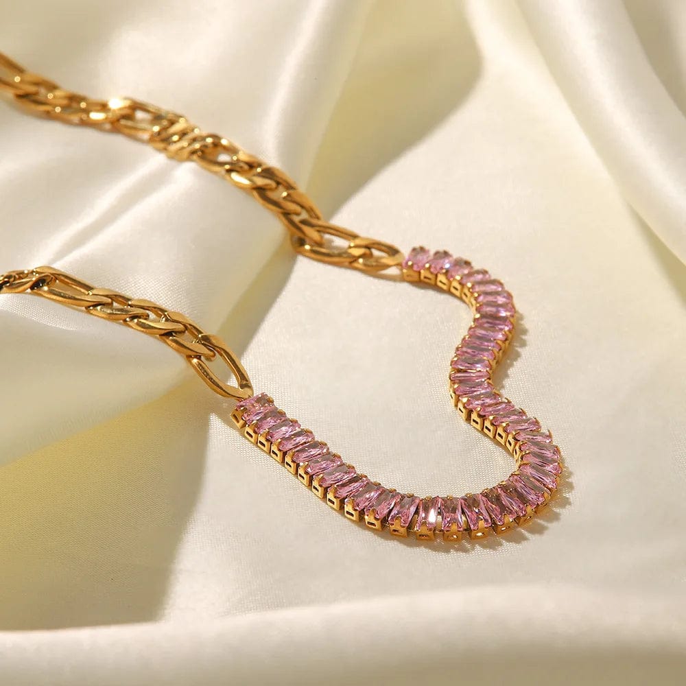 New Style Stainless Steel 18K Gold Plated Jewelry Pink Full Cubic Zirconia Figaro Chian Bracelet Necklace