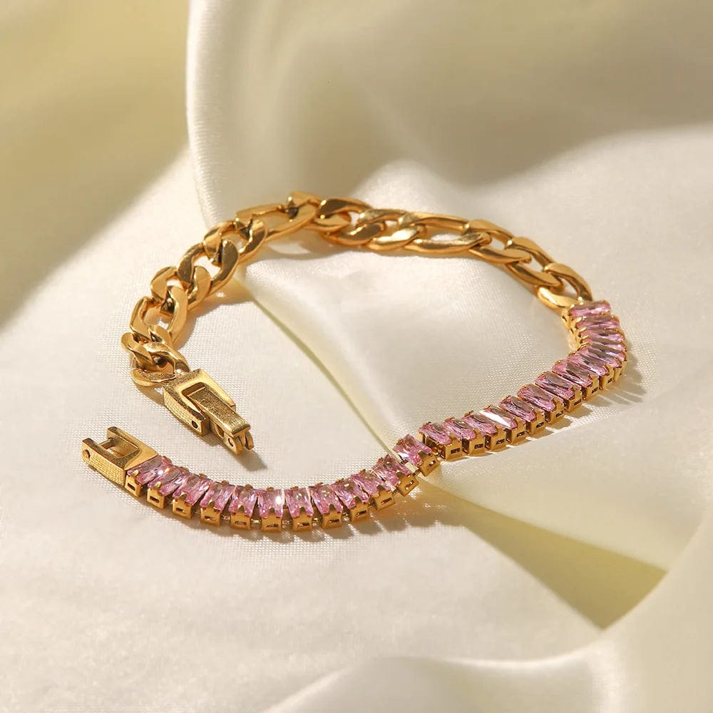 New Style Stainless Steel 18K Gold Plated Jewelry Pink Full Cubic Zirconia Figaro Chian Bracelet Necklace