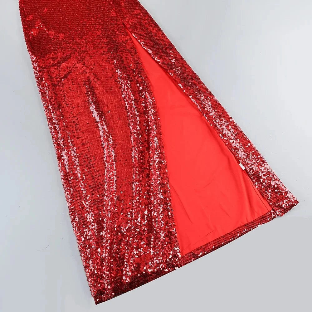 New Style Women Celebrity Lapel Fashion Sequined Long-sleeved Top Slim Sexy Slit Skirt Two-piece Elegant Urban Women's Wear