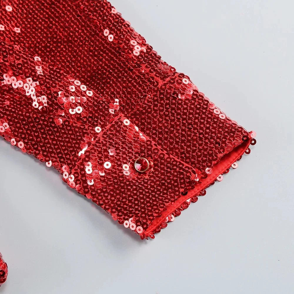 New Style Women Celebrity Lapel Fashion Sequined Long-sleeved Top Slim Sexy Slit Skirt Two-piece Elegant Urban Women's Wear