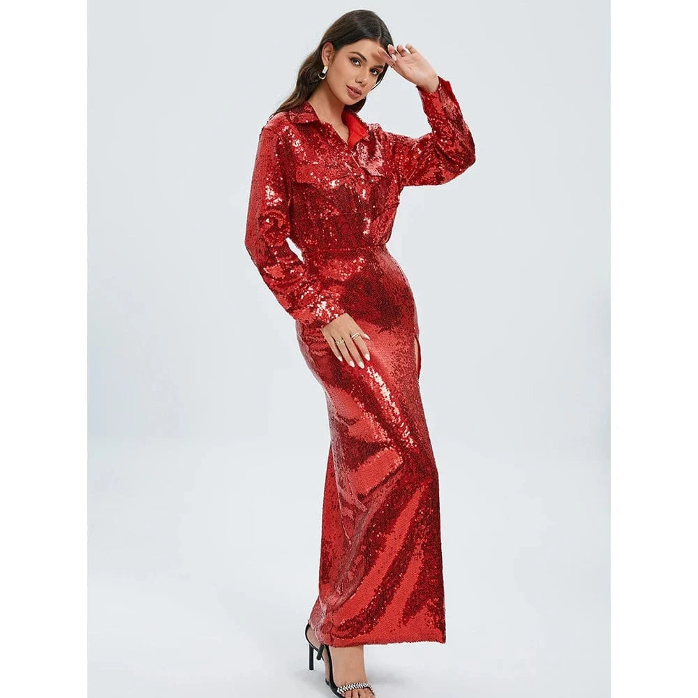 New Style Women Celebrity Lapel Fashion Sequined Long-sleeved Top Slim Sexy Slit Skirt Two-piece Elegant Urban Women's Wear