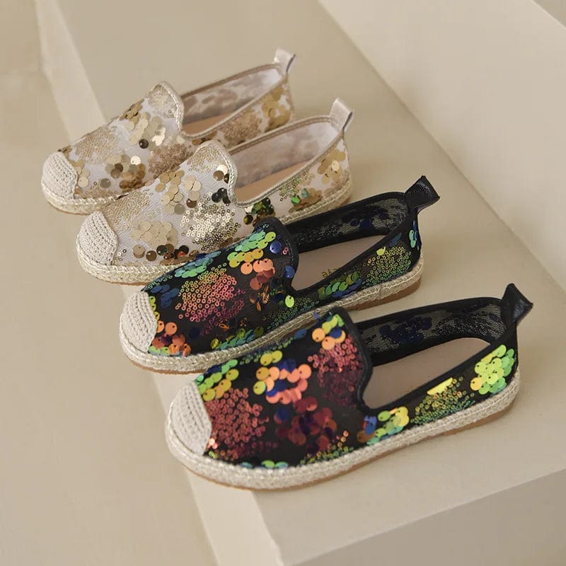 New styles wholesale flat lady espadrille made in china glitter shining canvas flat womens low casual shoes with high quality