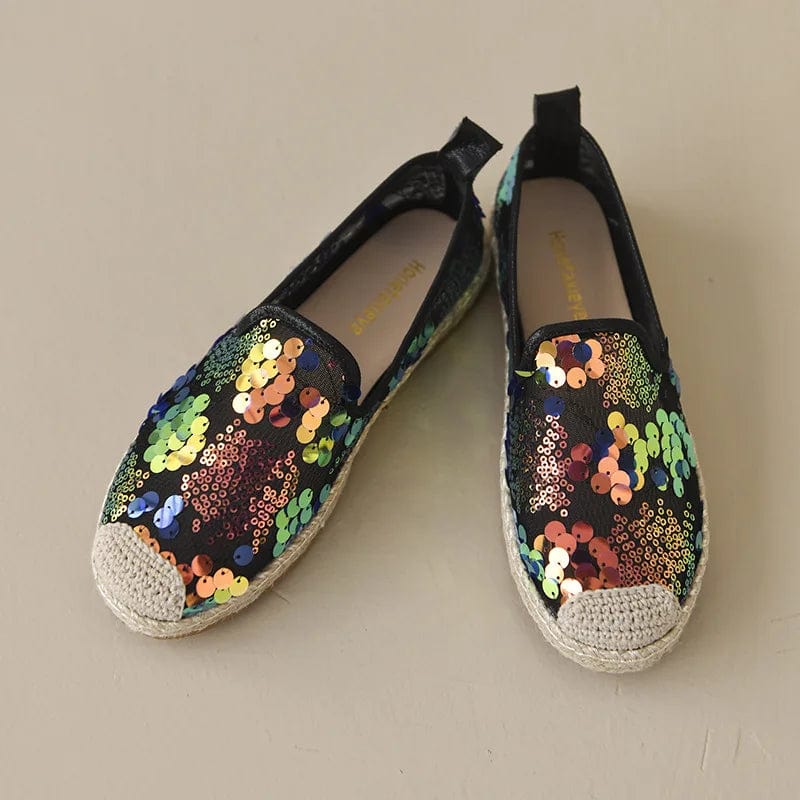 New styles wholesale flat lady espadrille made in china glitter shining canvas flat womens low casual shoes with high quality