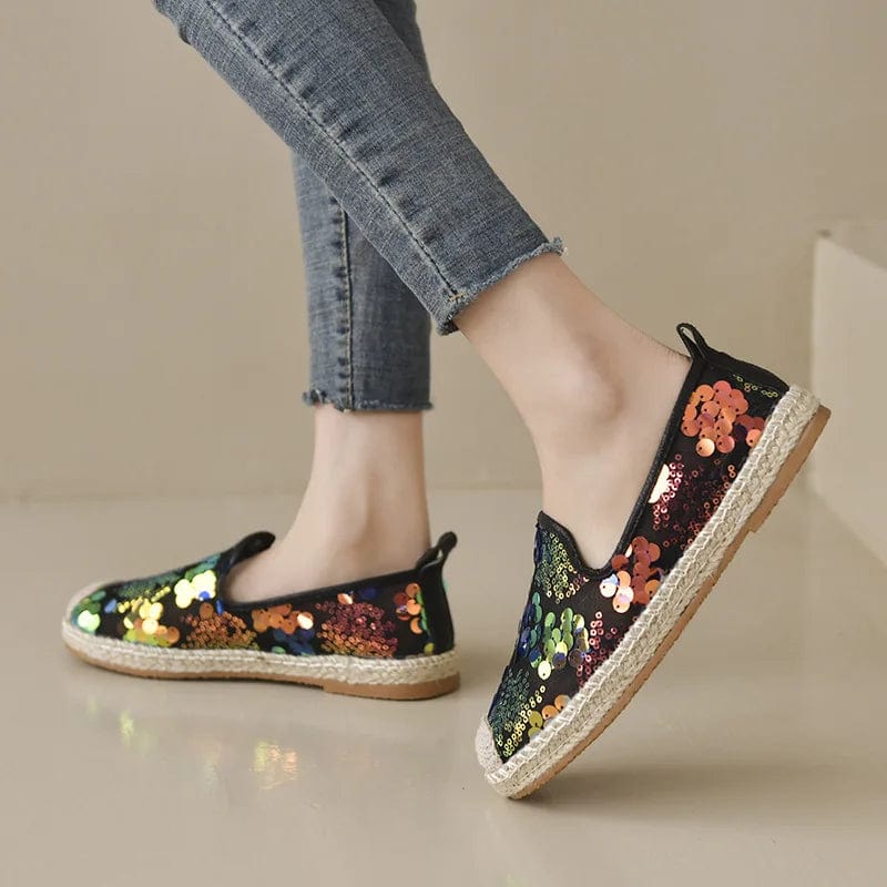 New styles wholesale flat lady espadrille made in china glitter shining canvas flat womens low casual shoes with high quality
