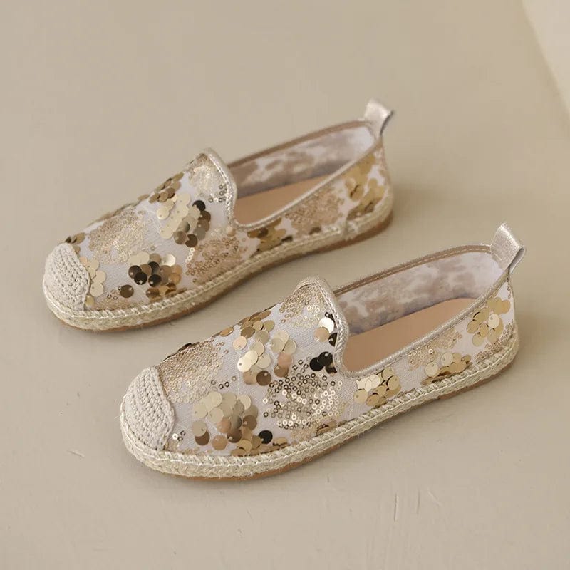 New styles wholesale flat lady espadrille made in china glitter shining canvas flat womens low casual shoes with high quality