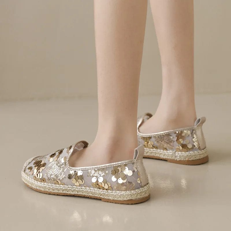 New styles wholesale flat lady espadrille made in china glitter shining canvas flat womens low casual shoes with high quality