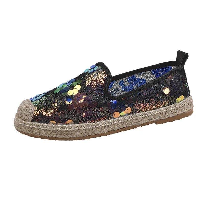 New styles wholesale flat lady espadrille made in china glitter shining canvas flat womens low casual shoes with high quality