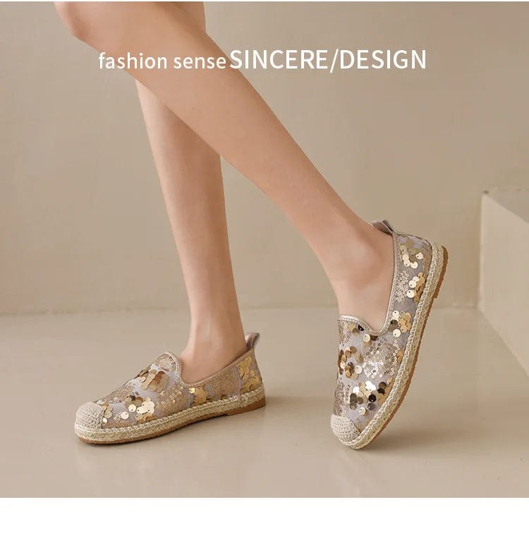 New styles wholesale flat lady espadrille made in china glitter shining canvas flat womens low casual shoes with high quality