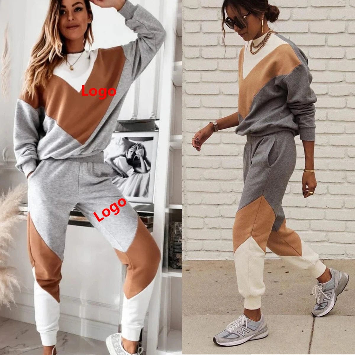 New Stylish Custom Logo Athleisure Track Suit Sweatshirt Blocking Tracksuits for Women and Jogging Sweatsuit 2 Piece Set Color