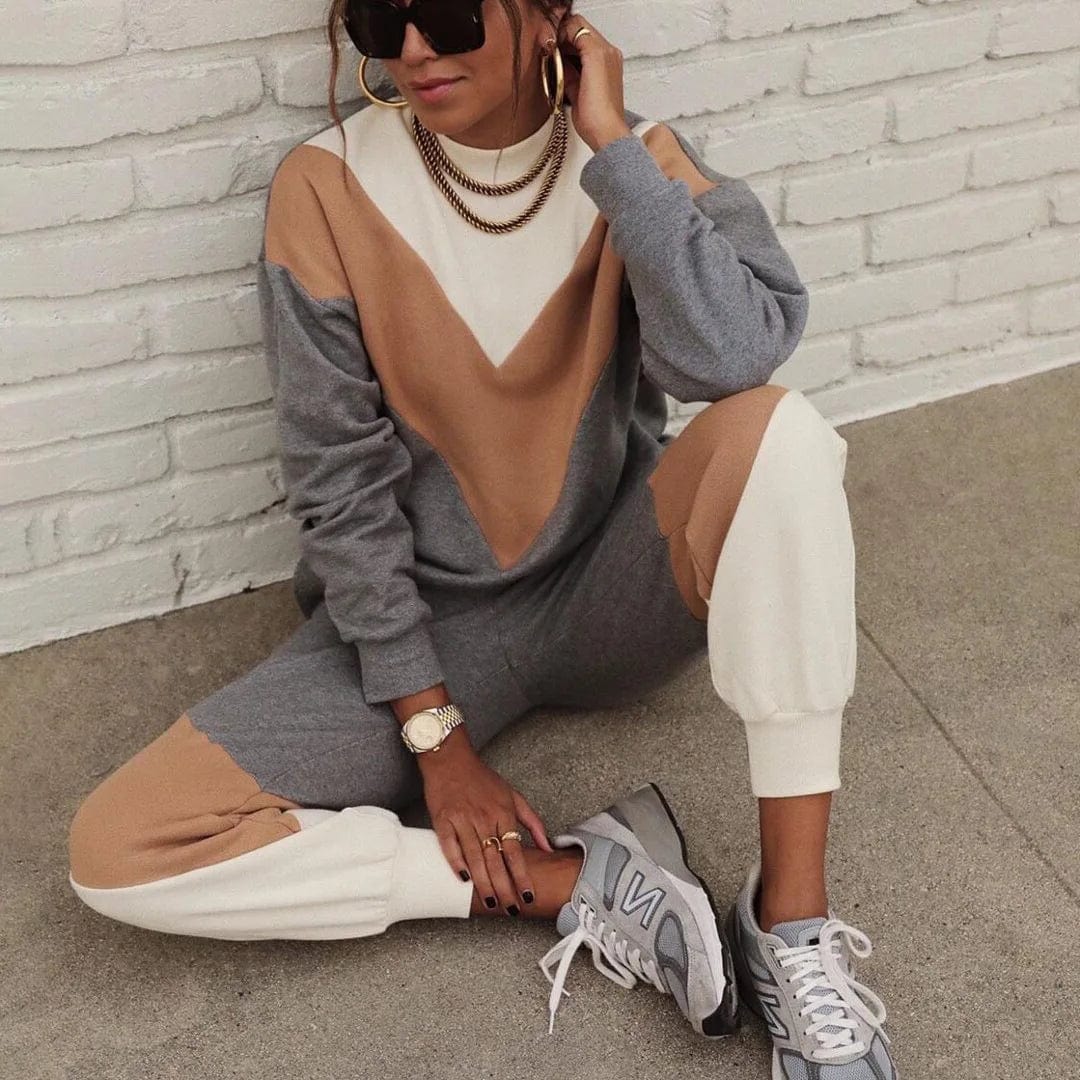 New Stylish Custom Logo Athleisure Track Suit Sweatshirt Blocking Tracksuits for Women and Jogging Sweatsuit 2 Piece Set Color