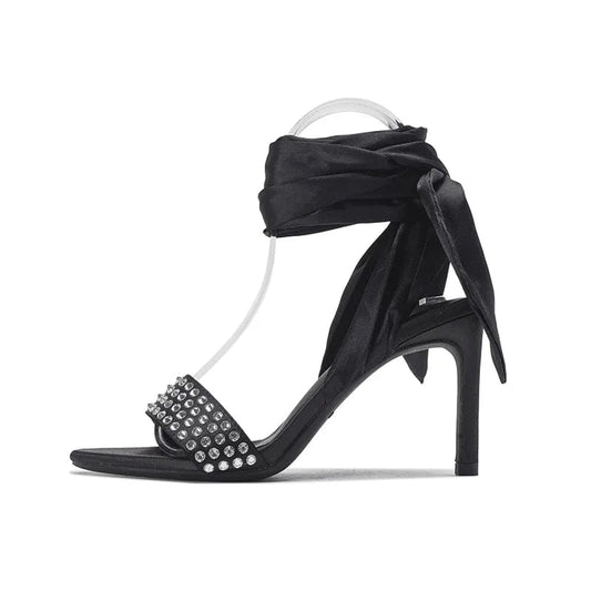 New Summer Autumn Women High Heels Stilettos Female Rhinestone Lace-up Bowknot Sandals Sexy Party Dress Shoes Lady