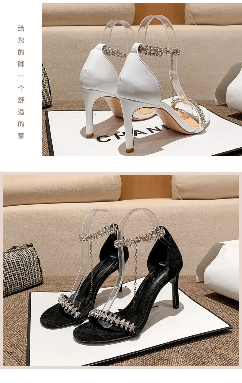 New Summer Female High Heels Stilettos Women Rhinestone Chain Peep-toe Sandals Sexy Party Banquet Ladies Dress Shoes