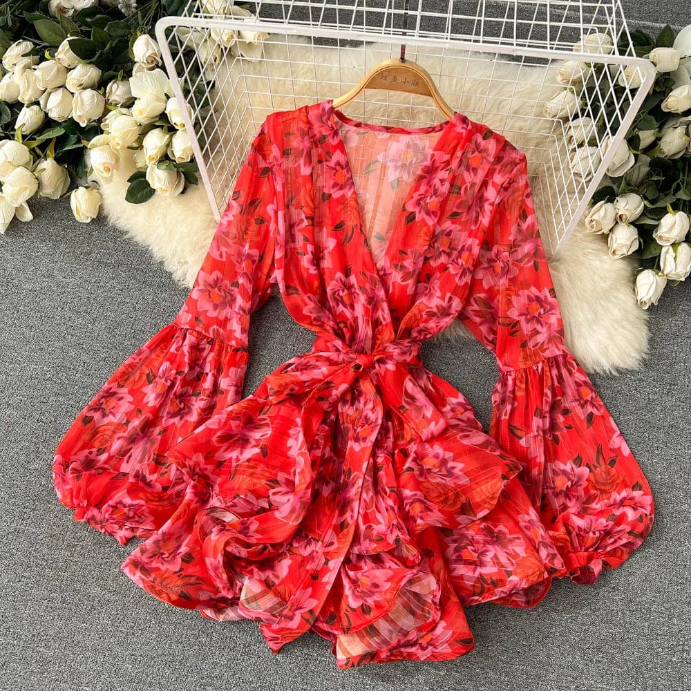 New Summer Trend High Waisted Casual Long Sleeve Korean V-neck Sexy Floral Dress For Women 2024