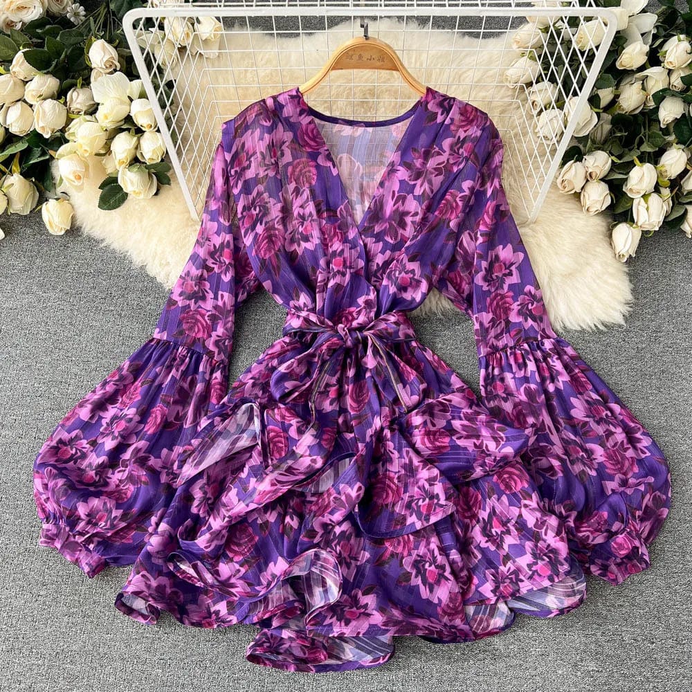 New Summer Trend High Waisted Casual Long Sleeve Korean V-neck Sexy Floral Dress For Women 2024