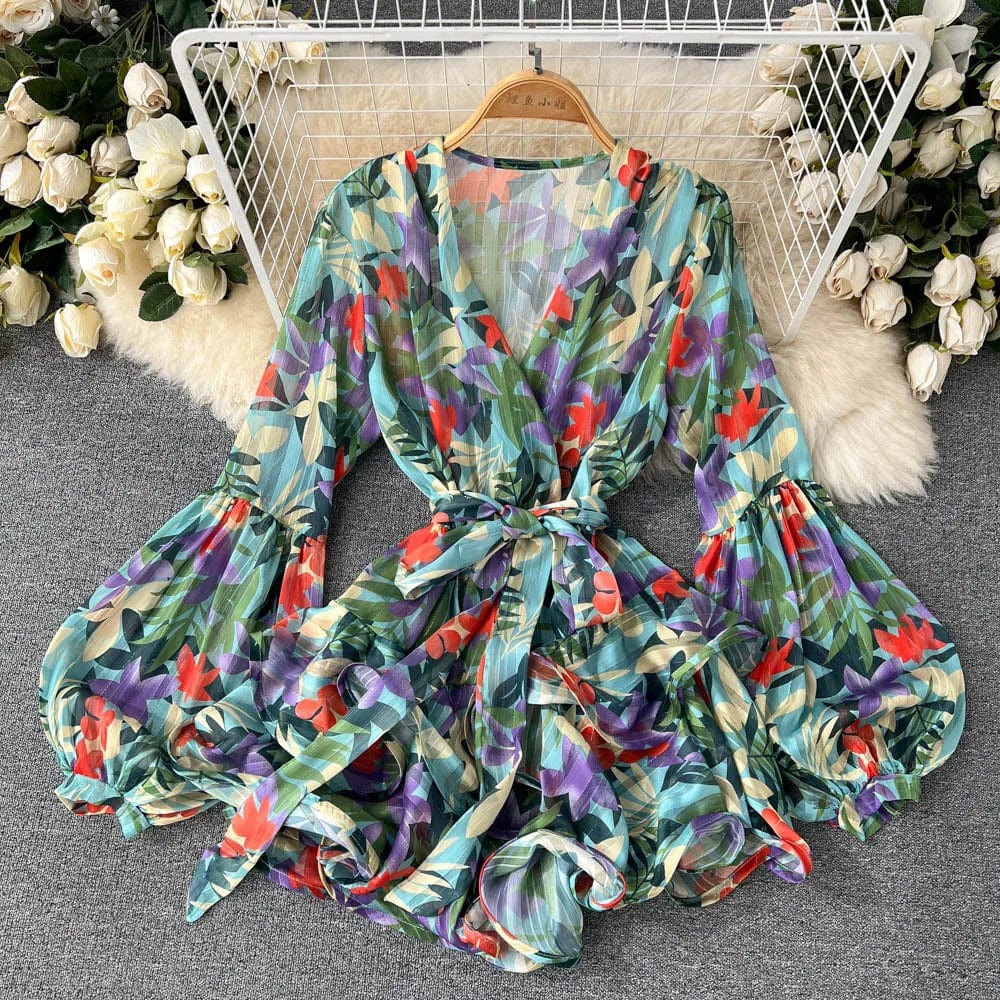 New Summer Trend High Waisted Casual Long Sleeve Korean V-neck Sexy Floral Dress For Women 2024