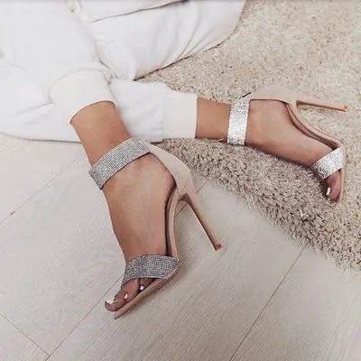 New Summer Woman Sandals Ankle Strap Nude Stiletto High Heels Sandals Women Rhinestone Party Pump Shoes