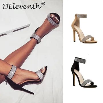 New Summer Woman Sandals Ankle Strap Nude Stiletto High Heels Sandals Women Rhinestone Party Pump Shoes