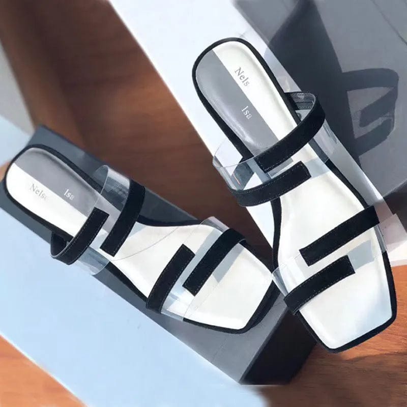 New Summer Women Block Heels Female Square-toe Transparent T-strap Sandals Outside Casual Beach Ladies Slippers