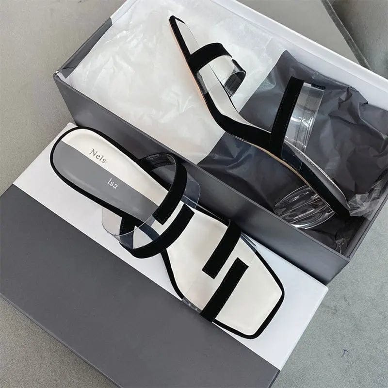 New Summer Women Block Heels Female Square-toe Transparent T-strap Sandals Outside Casual Beach Ladies Slippers