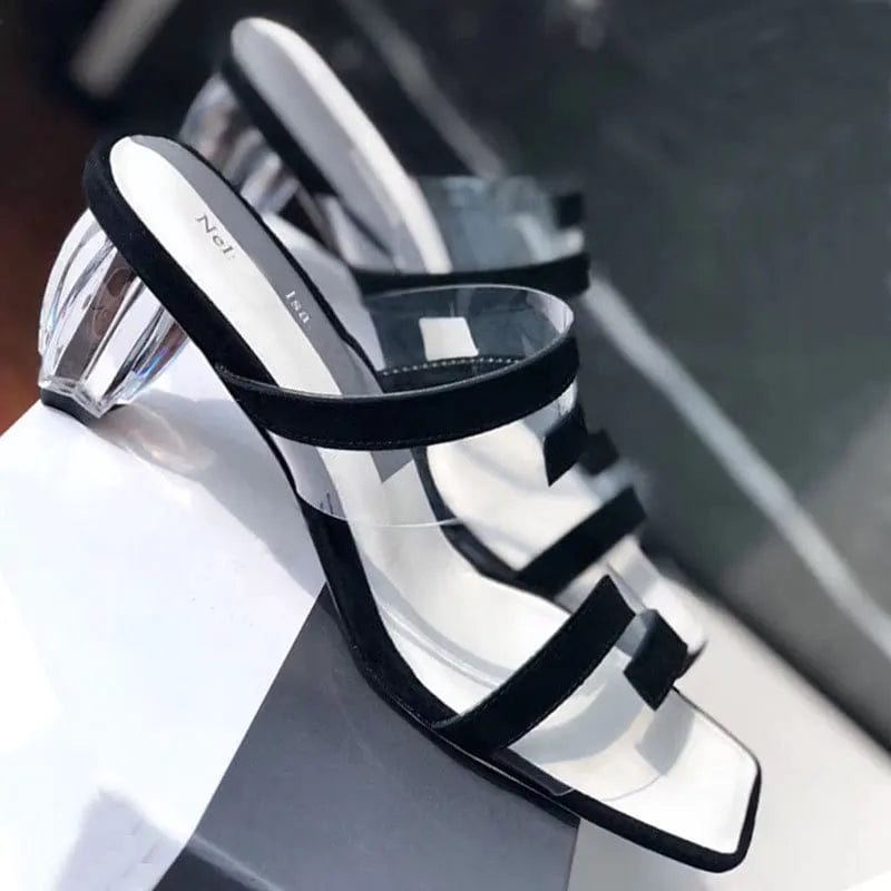 New Summer Women Block Heels Female Square-toe Transparent T-strap Sandals Outside Casual Beach Ladies Slippers