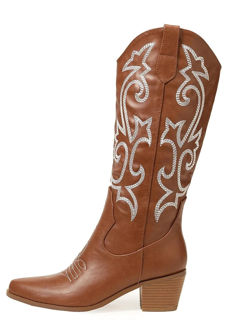 New thick heel wild western cowboy boots embroidered sleeve knight boots retro medium tube large size riding boots
