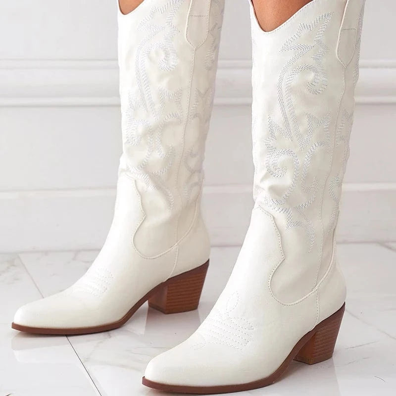 New thick heel wild western cowboy boots embroidered sleeve knight boots retro medium tube large size riding boots