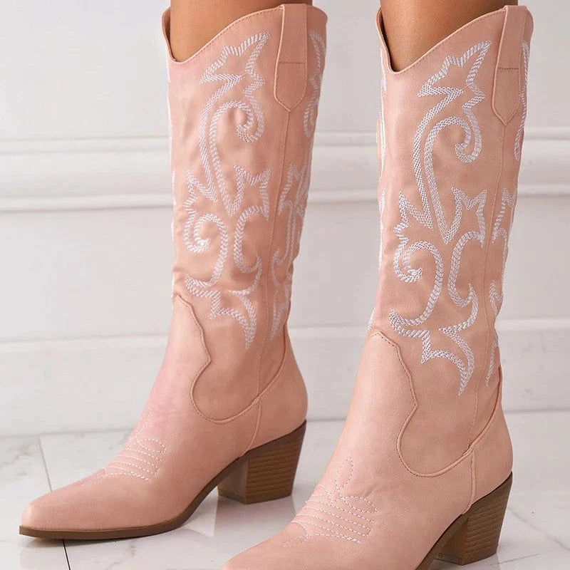 New thick heel wild western cowboy boots embroidered sleeve knight boots retro medium tube large size riding boots