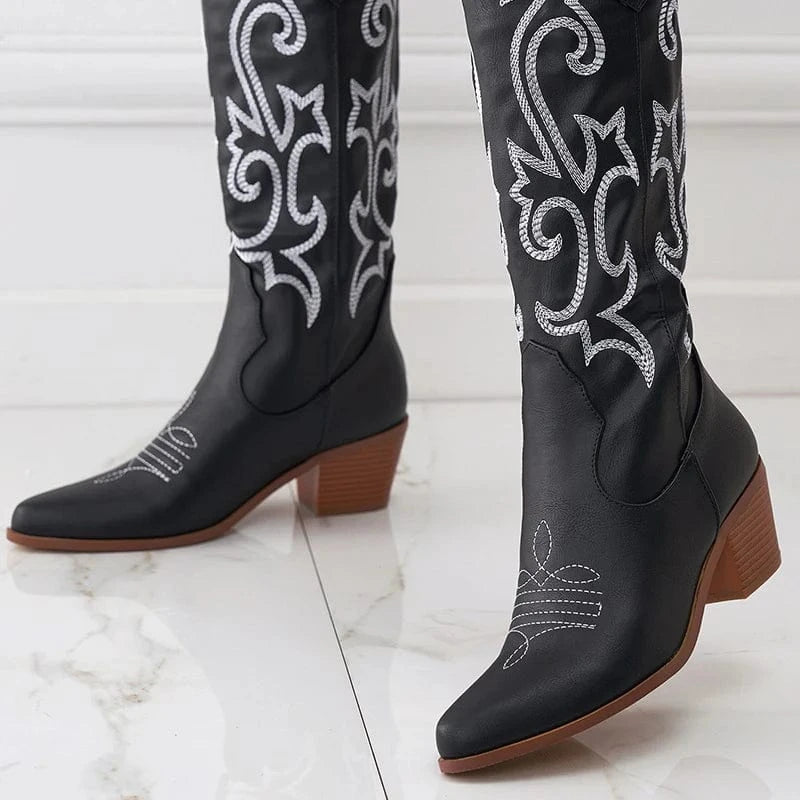 New thick heel wild western cowboy boots embroidered sleeve knight boots retro medium tube large size riding boots