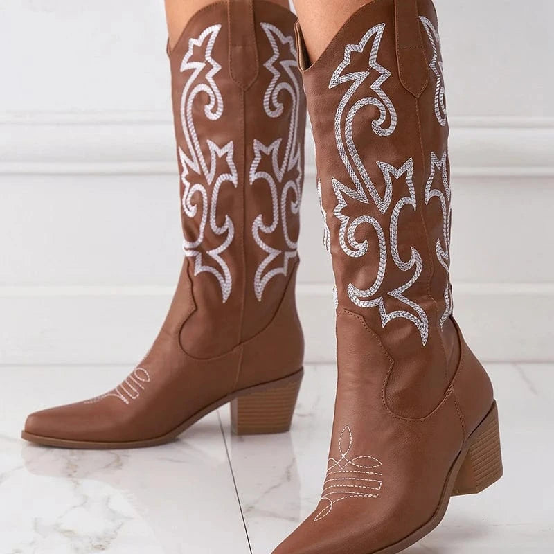 New thick heel wild western cowboy boots embroidered sleeve knight boots retro medium tube large size riding boots