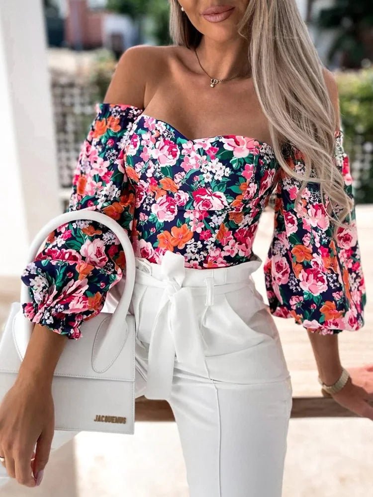 New Tops Women Elegant Slash Neck Casual Printed Sexy Ladies Blouse Long Sleeve Spring Autumn Sweet Streetwear Dropshipping - SN Wigs & More