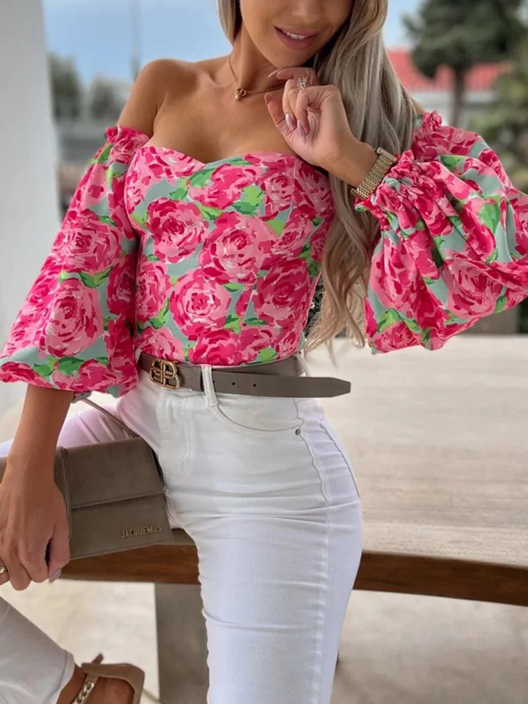 New Tops Women Elegant Slash Neck Casual Printed Sexy Ladies Blouse Long Sleeve Spring Autumn Sweet Streetwear Dropshipping - SN Wigs & More