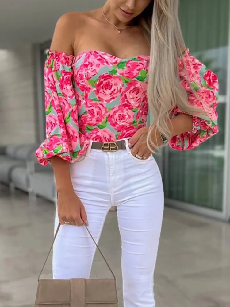 New Tops Women Elegant Slash Neck Casual Printed Sexy Ladies Blouse Long Sleeve Spring Autumn Sweet Streetwear Dropshipping - SN Wigs & More